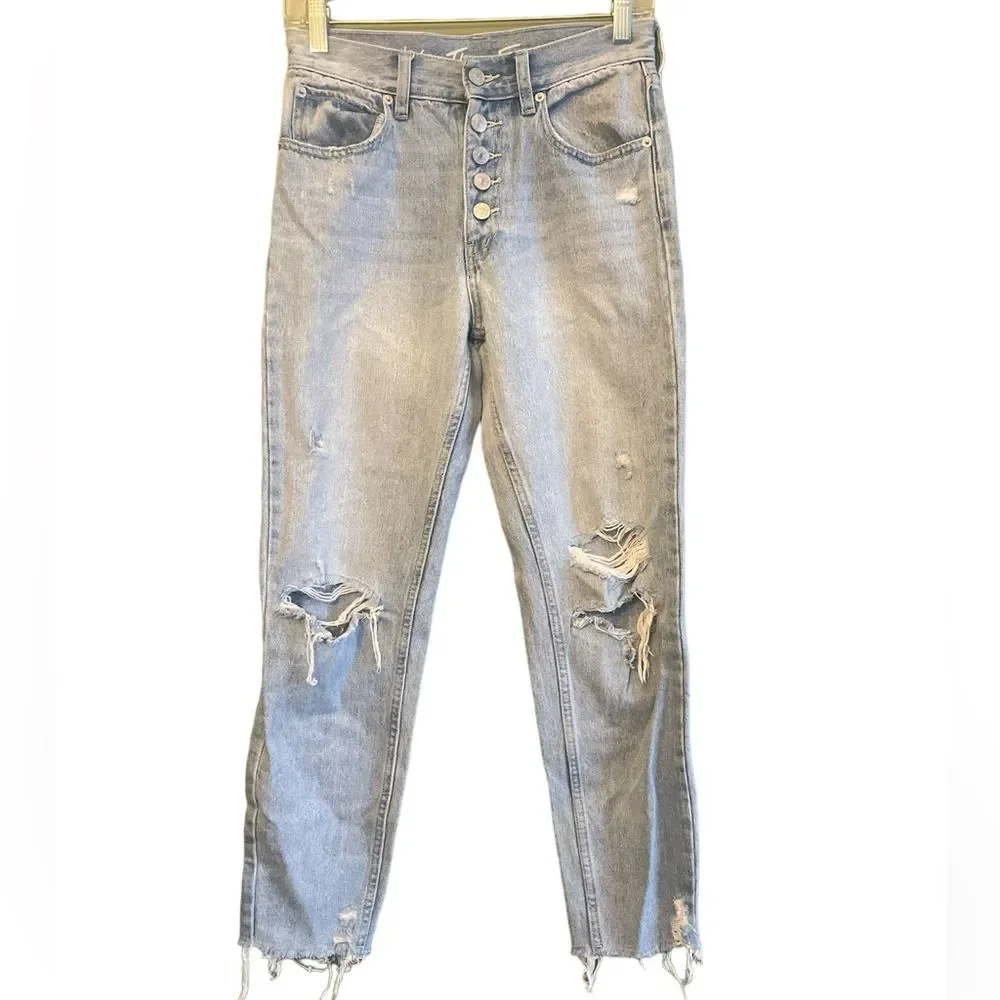We The Free High Waisted Denim Jeans Rigid Raw Hem Button Fly Distressed Sz 24